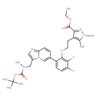 Chemical structure of ethyl 4-(2-{6-[3-({[(tert-butoxy)carbonyl](methyl)amino}methyl)imidazo[1,2-a]pyridin-6-yl]-2,3-difluorophenoxy}ethyl)-1,5-dimethyl-1H-pyrazole-3-carboxylate - CSSB20465147795