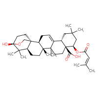 Chemical structure of (1S,2S,6S,10R,11S,14S,15R,18R,20S)-20-hydroxy-8,8,14,15,19,19-hexamethyl-10-[(3-methylbut-2-enoyl)oxy]-21-oxahexacyclo[18.2.2.0¹,¹⁸.0²,¹⁵.0⁵,¹⁴.0⁶,¹¹]tetracos-4-ene-11-carboxylic acid - CSSB00161002430