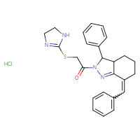 Chemical structure of 2-(4,5-dihydro-1H-imidazol-2-ylsulfanyl)-1-[3-phenyl-7-(phenylmethylidene)-3,3a,4,5,6,7-hexahydro-2H-indazol-2-yl]ethan-1-one hydrochloride - CSSB00102887077