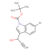Chemical structure of tert-butyl 6-bromo-3-(1-hydroxyprop-2-yn-1-yl)-1H-indole-1-carboxylate - CSSB21246421704