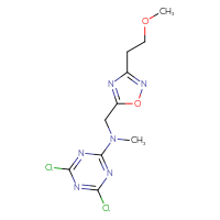 Chemical structure of 4,6-dichloro-N-{[3-(2-methoxyethyl)-1,2,4-oxadiazol-5-yl]methyl}-N-methyl-1,3,5-triazin-2-amine - CSSB21332128593