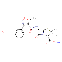 Chemical structure of sodium (2S,5R,6R)-3,3-dimethyl-6-(5-methyl-3-phenyl-1,2-oxazole-4-amido)-7-oxo-4-thia-1-azabicyclo[3.2.0]heptane-2-carboxylate hydrate - CSSB00016995210