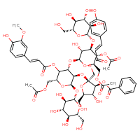 Chemical structure of (2S,3S,4R,5R)-2-{[(2R,3R,4S,6R)-4-{[(2S,3R,4R,5R,6R)-5-(acetyloxy)-6-[(acetyloxy)methyl]-3-hydroxy-4-{[(2S,3R,4S,5S,6R)-3,4,5-trihydroxy-6-(hydroxymethyl)oxan-2-yl]oxy}oxan-2-yl]oxy}-6-[(acetyloxy)methyl]-5-{[(2E)-3-(4-hydroxy-3-methoxyphenyl)prop-2-enoyl]oxy}-2-{[(2S,3R,4S,5S,6R)-3,4,5-trihydroxy-6-(hydroxymethyl)oxan-2-yl]oxy}oxan-3-yl]oxy}-4-hydroxy-5-(hydroxymethyl)-2-({[(2E)-3-(4-hydroxyphenyl)prop-2-enoyl]oxy}methyl)oxolan-3-yl benzoate - CSSB20620708417