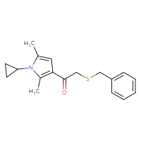 Chemical structure of 2-(benzylsulfanyl)-1-(1-cyclopropyl-2,5-dimethyl-1H-pyrrol-3-yl)ethan-1-one - CSSB00104398341