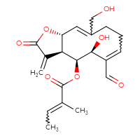 Chemical structure of (3aS,4S,5S,11aR)-6-formyl-5-hydroxy-10-(hydroxymethyl)-3-methylidene-2-oxo-2H,3H,3aH,4H,5H,8H,9H,11aH-cyclodeca[b]furan-4-yl 2-methylbut-2-enoate - CSSB20958670977