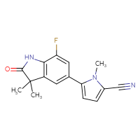 Chemical structure of 5-(7-fluoro-3,3-dimethyl-2-oxo-2,3-dihydro-1H-indol-5-yl)-1-methyl-1H-pyrrole-2-carbonitrile - CSSB00025757720