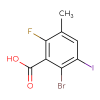 Chemical structure of 2-bromo-6-fluoro-3-iodo-5-methylbenzoic acid - CSSB20440523585