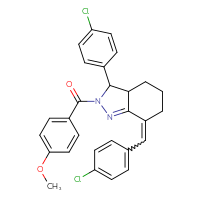 Chemical structure of 3-(4-chlorophenyl)-7-[(4-chlorophenyl)methylidene]-2-(4-methoxybenzoyl)-3,3a,4,5,6,7-hexahydro-2H-indazole - CSSB00121653683