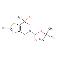 Chemical structure of tert-butyl 2-bromo-7-hydroxy-7-methyl-4H,5H,6H,7H-[1,3]thiazolo[4,5-c]pyridine-5-carboxylate - CSSB21246281186