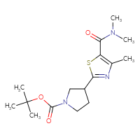 Chemical structure of tert-butyl 3-[5-(dimethylcarbamoyl)-4-methyl-1,3-thiazol-2-yl]pyrrolidine-1-carboxylate - CSSB01432920779