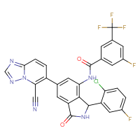 Chemical structure of N-[3-(2-chloro-5-fluorophenyl)-6-{5-cyano-[1,2,4]triazolo[1,5-a]pyridin-6-yl}-1-oxo-2,3-dihydro-1H-isoindol-4-yl]-3-fluoro-5-(trifluoromethyl)benzamide - CSSB20504697405