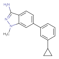 Chemical structure of 6-(3-cyclopropylphenyl)-1-methyl-1H-indazol-3-amine - CSSB06582413677