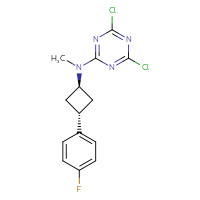 Chemical structure of 4,6-dichloro-N-methyl-N-[(1r,3r)-3-(4-fluorophenyl)cyclobutyl]-1,3,5-triazin-2-amine - CSSB21332129093