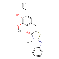 Chemical structure of (2E,5E)-5-{[4-hydroxy-3-methoxy-5-(prop-2-en-1-yl)phenyl]methylidene}-3-methyl-2-(phenylimino)-1,3-thiazolidin-4-one - CSSB02267488891