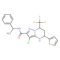 Chemical structure of 3-chloro-N-(1-phenylethyl)-5-(thiophen-2-yl)-7-(trifluoromethyl)-4H,5H,6H,7H-pyrazolo[1,5-a]pyrimidine-2-carboxamide - CSSB00161033424