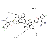 Chemical structure of 2-{5,6-dichloro-2-[(20-{[5,6-dichloro-1-(dicyanomethylidene)-3-oxo-2,3-dihydro-1H-inden-2-ylidene]methyl}-12,12,24,24-tetrakis(4-hexylphenyl)-5,9,17,21-tetrathiaheptacyclo[13.9.0.0³,¹³.0⁴,¹¹.0⁶,¹⁰.0¹⁶,²³.0¹⁸,²²]tetracosa-1,3(13),4(11),6(10),7,14,16(23),18(22),19-nonaen-8-yl)methylidene]-3-oxo-2,3-dihydro-1H-inden-1-ylidene}propanedinitrile - CSSB06446554173