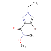 Chemical structure of 4-bromo-1-ethyl-N-methoxy-N-methyl-1H-pyrazole-3-carboxamide - CSSB01991521336