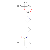 Chemical structure of tert-butyl 3-(3-{[(R)-2-methylpropane-2-sulfinyl]imino}cyclobutyl)azetidine-1-carboxylate - CSSB21332860588