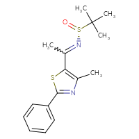 Chemical structure of (R)-2-methyl-N-[1-(4-methyl-2-phenyl-1,3-thiazol-5-yl)ethylidene]propane-2-sulfinamide - CSSB21349243856