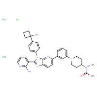 Chemical structure of N-[1-(3-{3-[4-(1-aminocyclobutyl)phenyl]-2-(2-aminopyridin-3-yl)-3H-imidazo[4,5-b]pyridin-5-yl}phenyl)piperidin-4-yl]-N-methylacetamide trihydrochloride - CSSB06446547648
