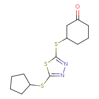 Chemical structure of 3-{[5-(cyclopentylsulfanyl)-1,3,4-thiadiazol-2-yl]sulfanyl}cyclohexan-1-one - CSSB00025727704