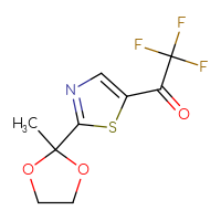 Chemical structure of 2,2,2-trifluoro-1-[2-(2-methyl-1,3-dioxolan-2-yl)-1,3-thiazol-5-yl]ethan-1-one - CSSB21103685637