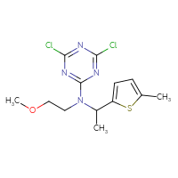 Chemical structure of 4,6-dichloro-N-(2-methoxyethyl)-N-[1-(5-methylthiophen-2-yl)ethyl]-1,3,5-triazin-2-amine - CSSB21332147418