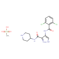 Chemical structure of 4-(2,6-dichlorobenzamido)-N-(piperidin-4-yl)-1H-pyrazole-3-carboxamide; methanesulfonic acid - CSSB00103151945
