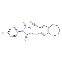 Chemical structure of 2-{[1-(4-bromophenyl)-2,5-dioxopyrrolidin-3-yl]sulfanyl}-5H,6H,7H,8H,9H-cyclohepta[b]pyridine-3-carbonitrile - CSSB03438775213