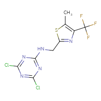 Chemical structure of 4,6-dichloro-N-{[5-methyl-4-(trifluoromethyl)-1,3-thiazol-2-yl]methyl}-1,3,5-triazin-2-amine - CSSB21332062374