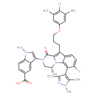 Chemical structure of 3-[(4R)-7-chloro-10-[3-(4-chloro-3,5-dimethylphenoxy)propyl]-4-methyl-1-oxo-6-(1,3,5-trimethyl-1H-pyrazol-4-yl)-1H,2H,3H,4H-pyrazino[1,2-a]indol-2-yl]-1-methyl-1H-indole-5-carboxylic acid - CSSB00161188852