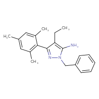 Chemical structure of 1-benzyl-4-ethyl-3-(2,4,6-trimethylphenyl)-1H-pyrazol-5-amine - CSSB00020652286