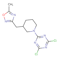 Chemical structure of 2,4-dichloro-6-{3-[(5-methyl-1,2,4-oxadiazol-3-yl)methyl]piperidin-1-yl}-1,3,5-triazine - CSSB21332129537