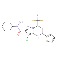 Chemical structure of 3-chloro-N-cyclohexyl-N-methyl-5-(thiophen-2-yl)-7-(trifluoromethyl)-4H,5H,6H,7H-pyrazolo[1,5-a]pyrimidine-2-carboxamide - CSSB02267483630
