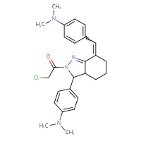 Chemical structure of 2-chloro-1-{3-[4-(dimethylamino)phenyl]-7-{[4-(dimethylamino)phenyl]methylidene}-3,3a,4,5,6,7-hexahydro-2H-indazol-2-yl}ethan-1-one - CSSB00160572614