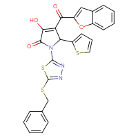 Chemical structure of 4-(1-benzofuran-2-carbonyl)-1-[5-(benzylsulfanyl)-1,3,4-thiadiazol-2-yl]-3-hydroxy-5-(thiophen-2-yl)-2,5-dihydro-1H-pyrrol-2-one - CSSB00132767772
