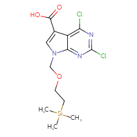 Chemical structure of 2,4-dichloro-7-{[2-(trimethylsilyl)ethoxy]methyl}-7H-pyrrolo[2,3-d]pyrimidine-5-carboxylic acid - CSSB00025715201