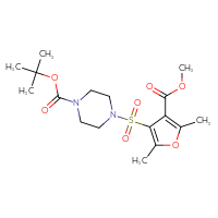 Chemical structure of tert-butyl 4-{[4-(methoxycarbonyl)-2,5-dimethylfuran-3-yl]sulfonyl}piperazine-1-carboxylate - CSSB00526524369