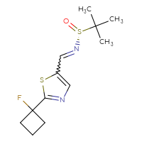 Chemical structure of (R)-N-{[2-(1-fluorocyclobutyl)-1,3-thiazol-5-yl]methylidene}-2-methylpropane-2-sulfinamide - CSSB14969962154