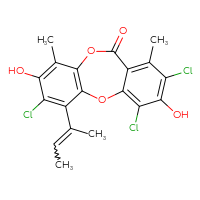 Chemical structure of 4-(but-2-en-2-yl)-5,13,15-trichloro-6,14-dihydroxy-7,12-dimethyl-2,9-dioxatricyclo[9.4.0.0³,⁸]pentadeca-1(15),3(8),4,6,11,13-hexaen-10-one - CSSB06744481836
