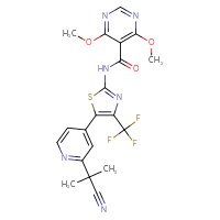 Chemical structure of N-{5-[2-(1-cyano-1-methylethyl)pyridin-4-yl]-4-(trifluoromethyl)-1,3-thiazol-2-yl}-4,6-dimethoxypyrimidine-5-carboxamide - CSSB21176566764
