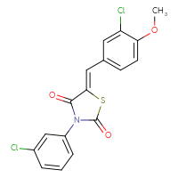 Chemical structure of (5Z)-5-[(3-chloro-4-methoxyphenyl)methylidene]-3-(3-chlorophenyl)-1,3-thiazolidine-2,4-dione - CSSB00132921597