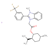Chemical structure of 1-methyl-3-(2-{[(1R,2S,5R)-5-methyl-2-(propan-2-yl)cyclohexyl]oxy}-2-oxoethyl)-2-[3-(trifluoromethyl)phenyl]-1H-1,3-benzodiazol-3-ium iodide - CSSB00159268914