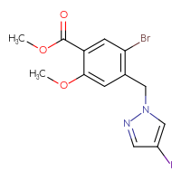 Chemical structure of methyl 5-bromo-4-[(4-iodo-1H-pyrazol-1-yl)methyl]-2-methoxybenzoate - CSSB02044586965