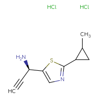 Chemical structure of (1R)-1-[2-(2-methylcyclopropyl)-1,3-thiazol-5-yl]prop-2-yn-1-amine dihydrochloride - CSSB21509459855