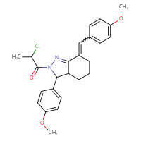Chemical structure of 2-chloro-1-[3-(4-methoxyphenyl)-7-[(4-methoxyphenyl)methylidene]-3,3a,4,5,6,7-hexahydro-2H-indazol-2-yl]propan-1-one - CSSB00015194476