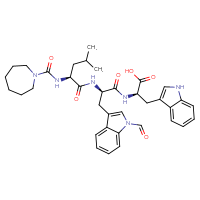 Chemical structure of (2R)-2-[(2R)-2-[(2S)-2-[(azepane-1-carbonyl)amino]-4-methylpentanamido]-3-(1-formyl-1H-indol-3-yl)propanamido]-3-(1H-indol-3-yl)propanoic acid - CSSB02515454978