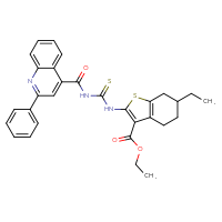 Chemical structure of ethyl 6-ethyl-2-({[(2-phenylquinolin-4-yl)formamido]methanethioyl}amino)-4,5,6,7-tetrahydro-1-benzothiophene-3-carboxylate - CSSB00121668604