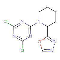 Chemical structure of 2,4-dichloro-6-[2-(1,3,4-oxadiazol-2-yl)piperidin-1-yl]-1,3,5-triazine - CSSB20891415161