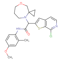 Chemical structure of 2-{7-chlorothieno[2,3-c]pyridin-2-yl}-N-(4-methoxy-2-methylphenyl)-2-{8-oxa-4-azaspiro[2.6]nonan-4-yl}acetamide - CSSS14790114827